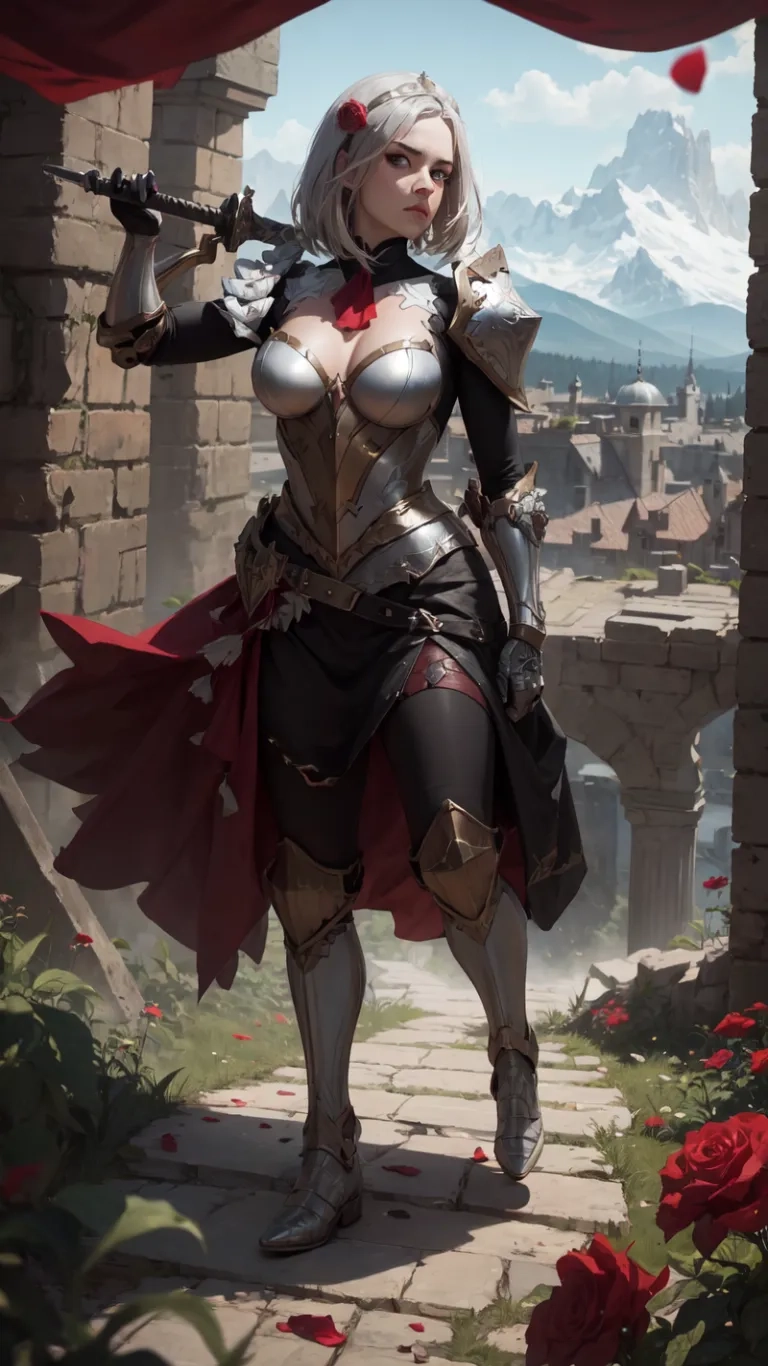 a woman with a gun on top of her is standing in a castle with roses around her and red gloves on it and a small arch
