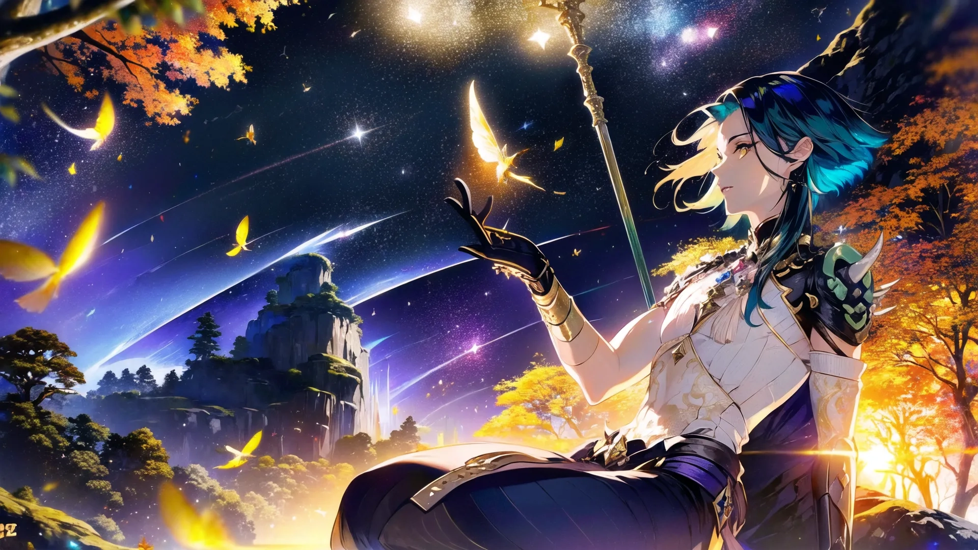 the girl with the crown is holding a sparkle wand sitting under a star formation while in the background, there is a mountain with a firework of trees and light
