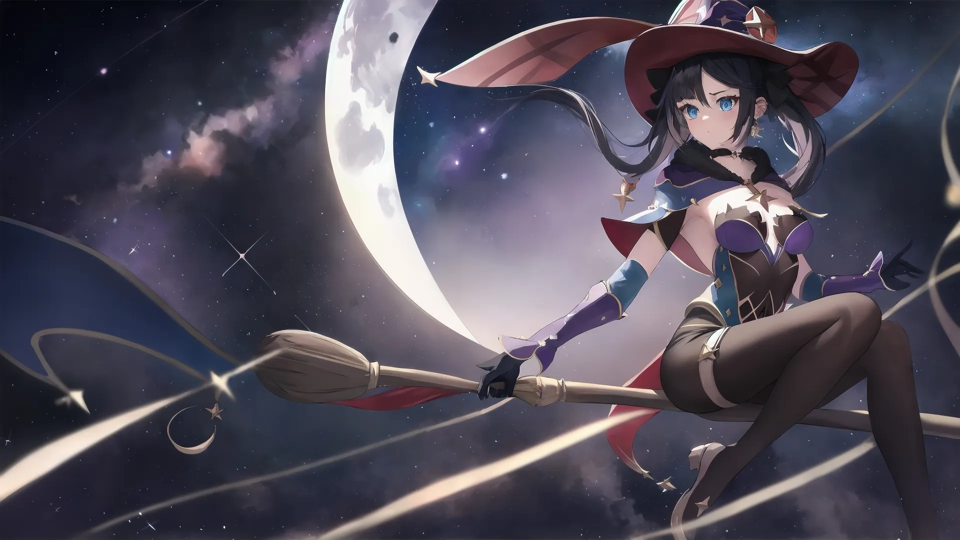 long hair, witches, blood soaked woman sitting on broom with moon and stars in background in front of backdrop of the sky with the moon
