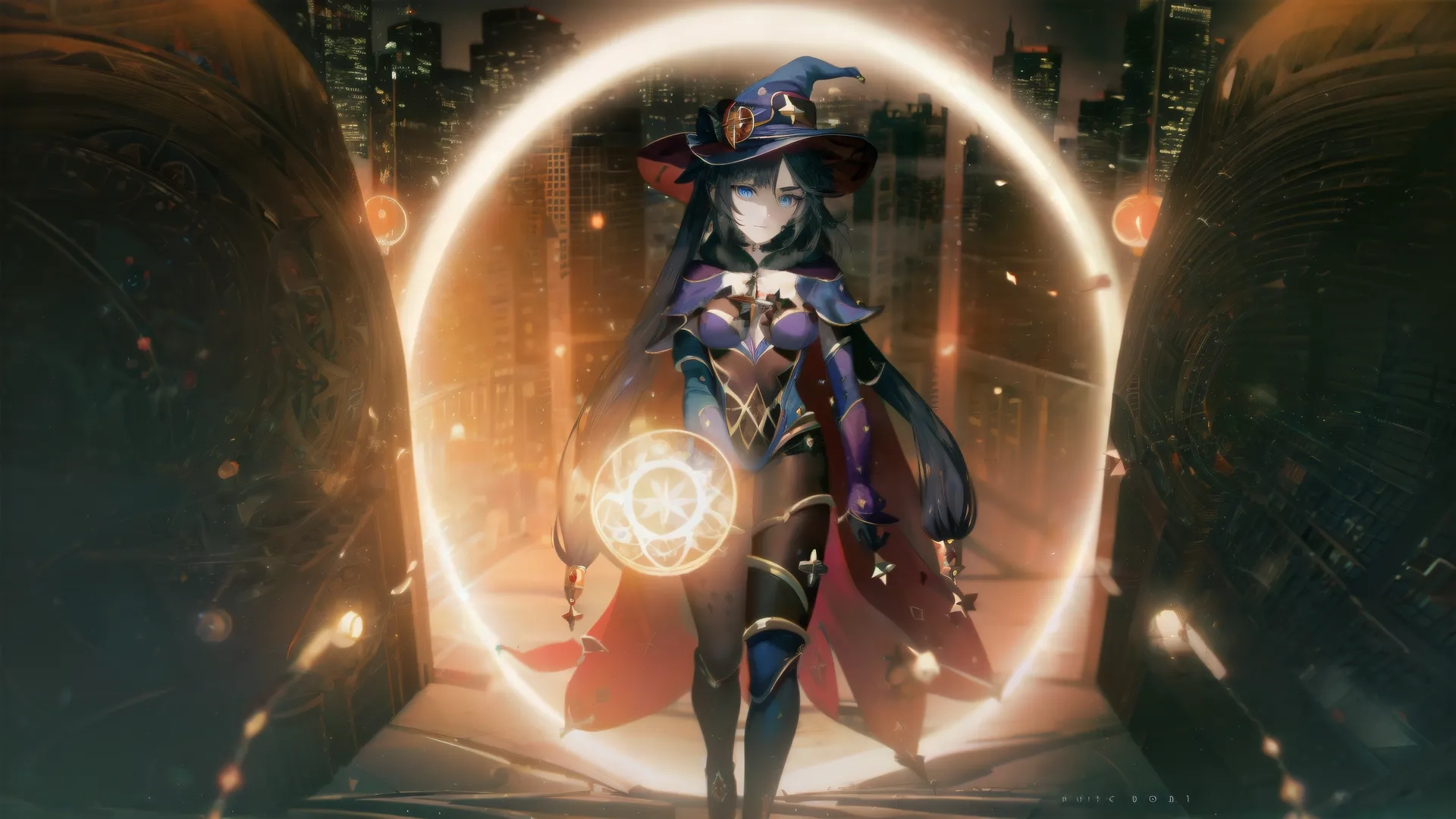 a girl holding a wand in a space - time setting in front of buildings and a giant circular light above her face and hands with an illuminated orb on it,
