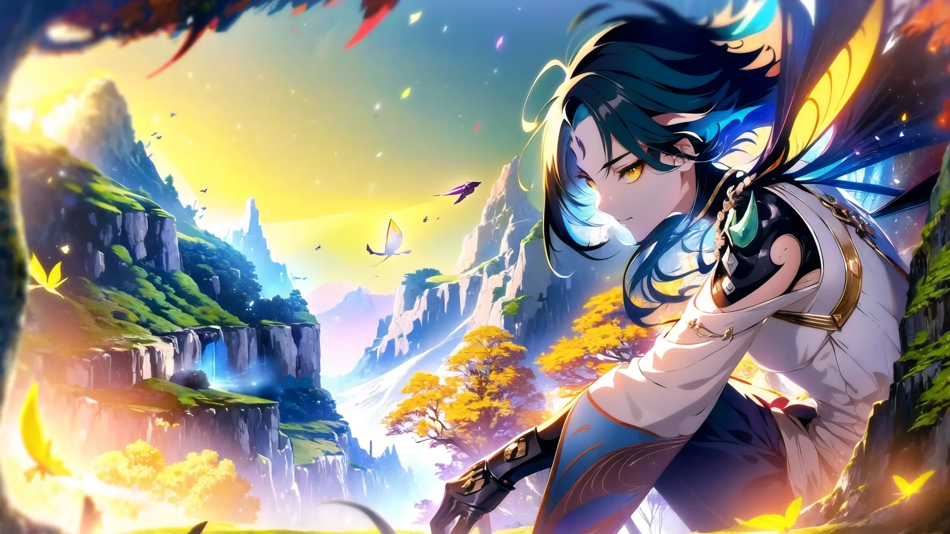 anime digital painting of elf with flowers in the trees in a landscape and mountains, at sunset or sunset hourscape or night time, in full - sky
