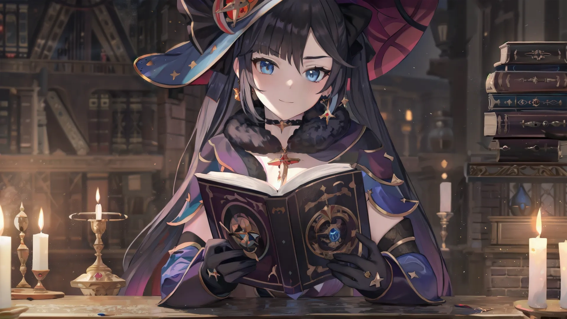 a young anime woman dressed as a witch reading a book with candle candles on the table surrounding her and books in the background, in front of some shelves
