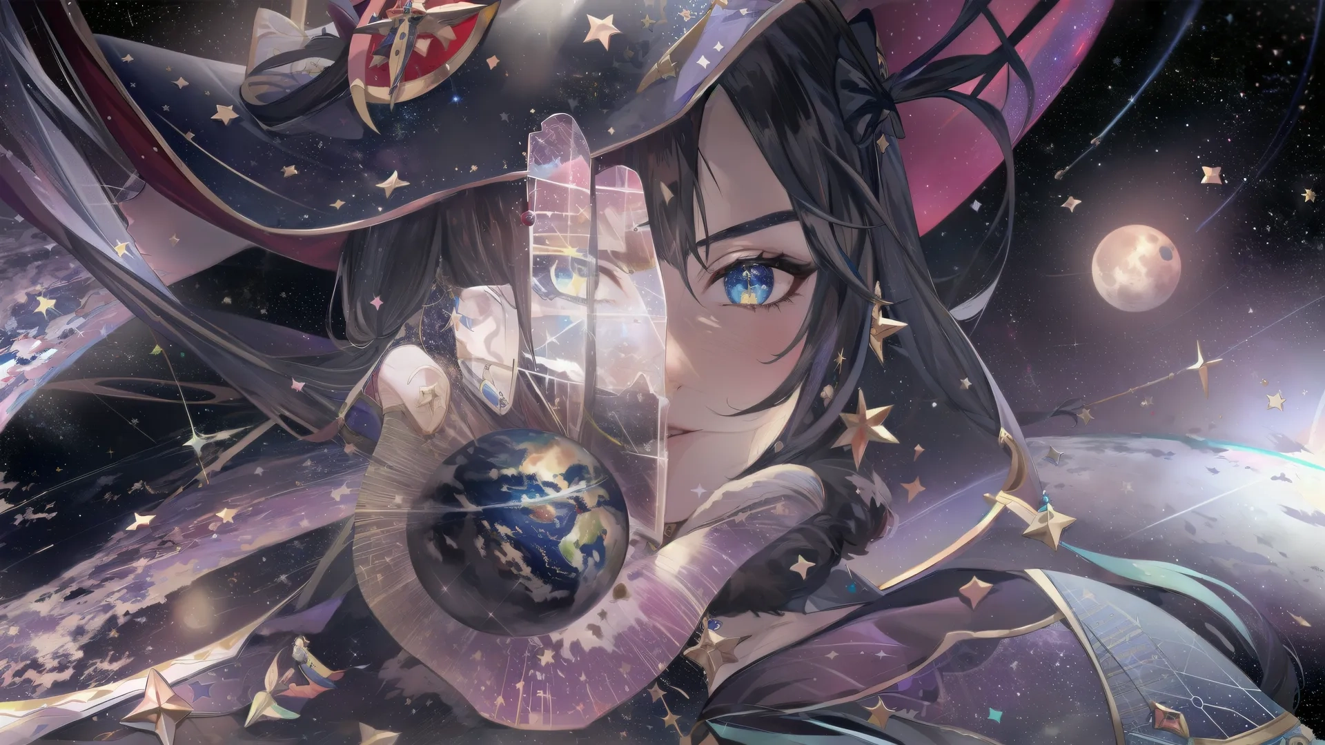 a woman holding a globe with stars behind her and clouds around her and there's a small cloud all around her and the planet in front
