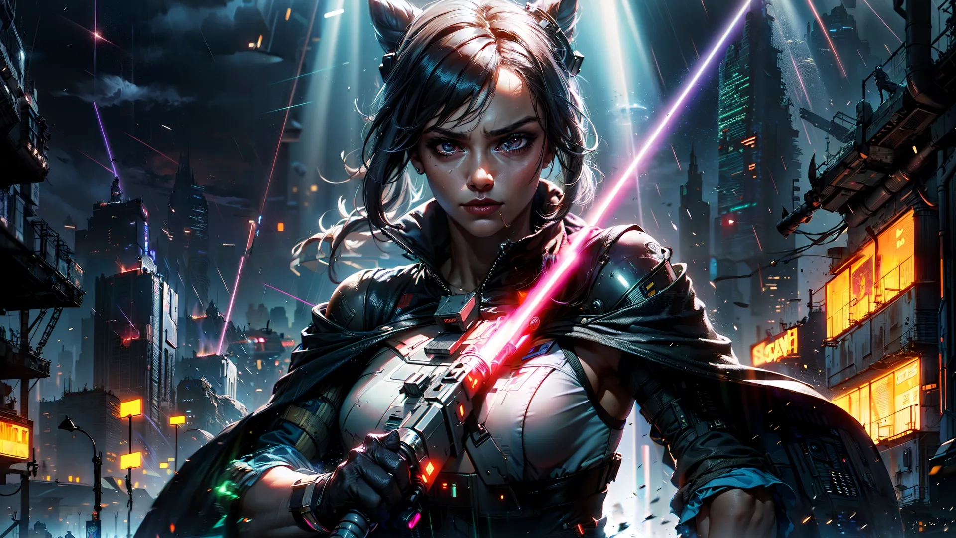 an image of a woman with lightsabest from the game overwatching in the city, holding a sword and looking at the camera
