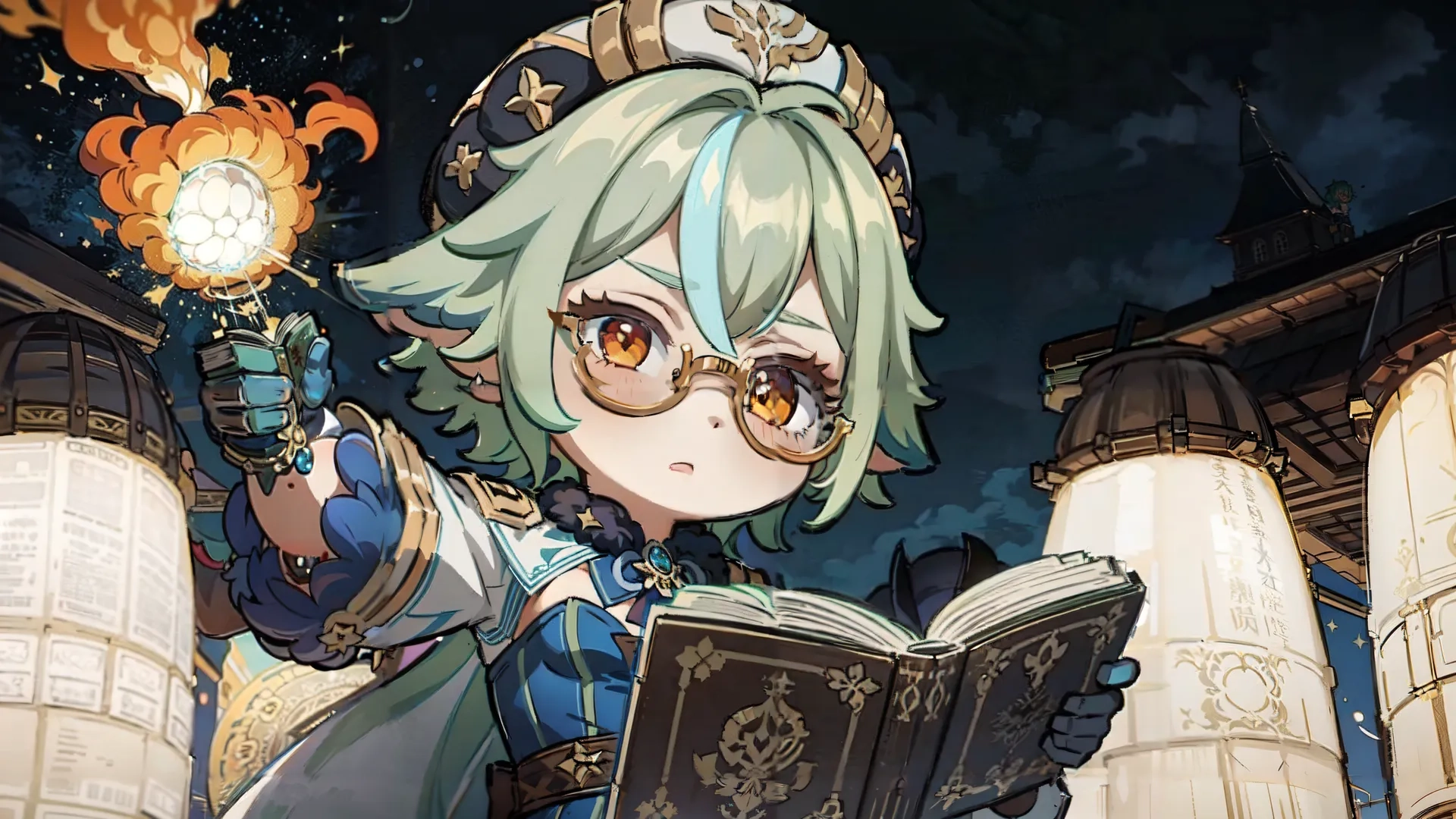 an anime girl holding a book and some books near a building with flames in it and looking at the viewer with her head up there
