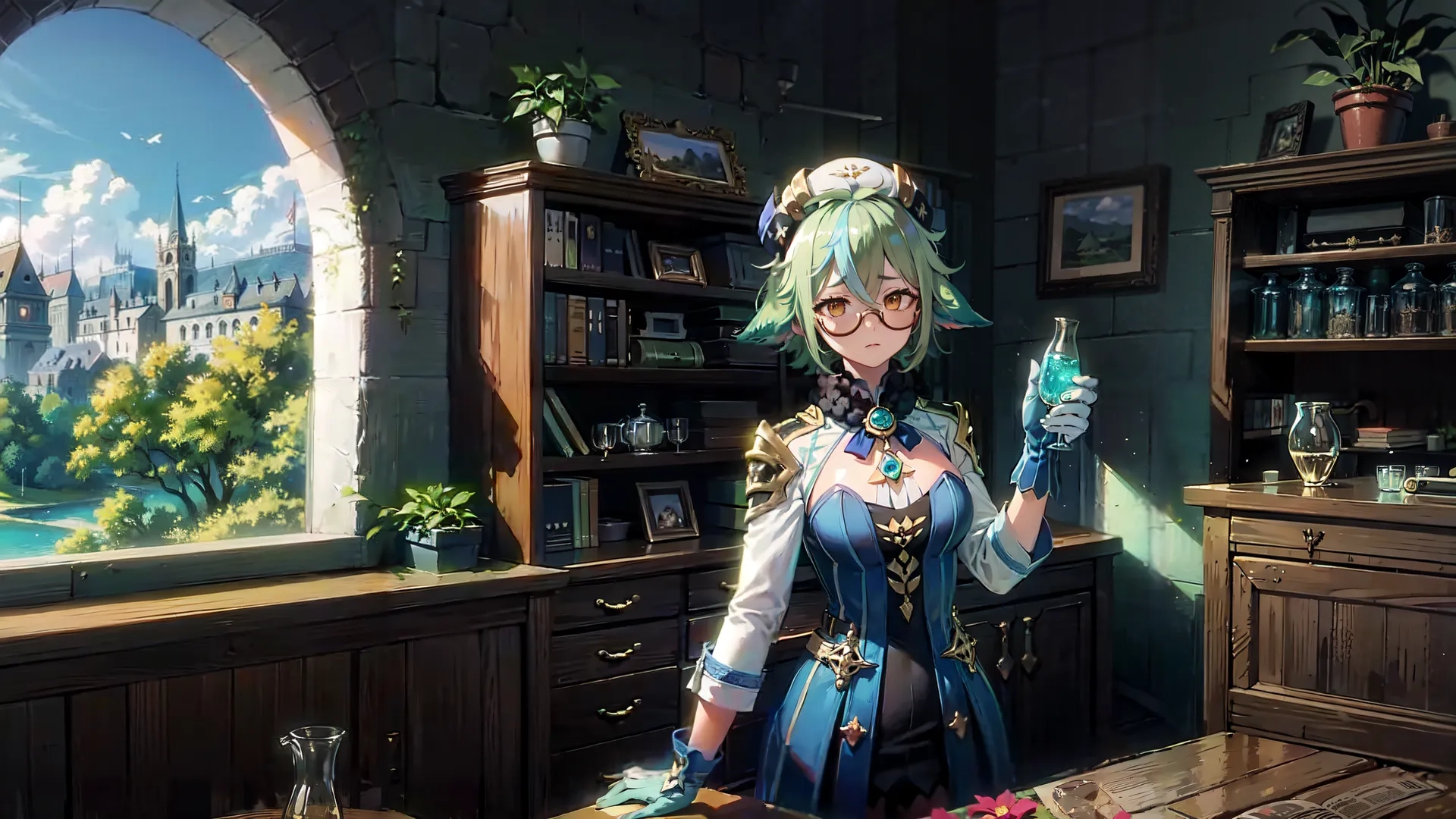 a sexy person dressed in anime poses for the camera and appears to be holding her bottle and looking confused while standing at a desk near a window
