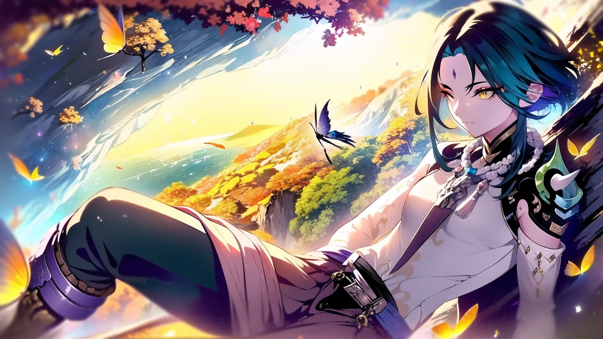 anime style character with long hair and big breast and a shotgun in her hands, on a hill near the ocean and flying birds below her back
