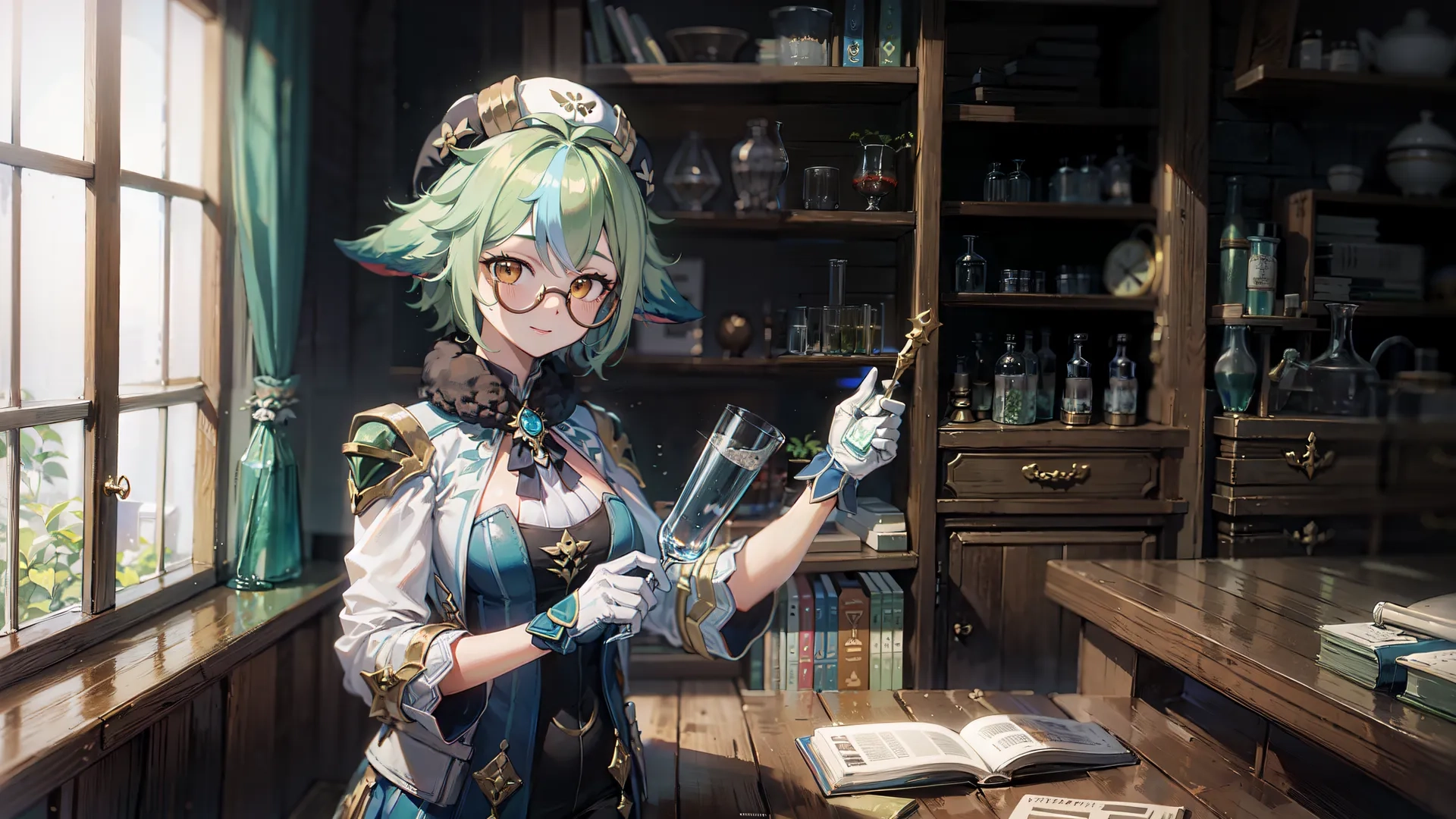 the young girl in the costume is holding a glass item and a book in her hand beside some bookshelves and window boxes on wooden table
