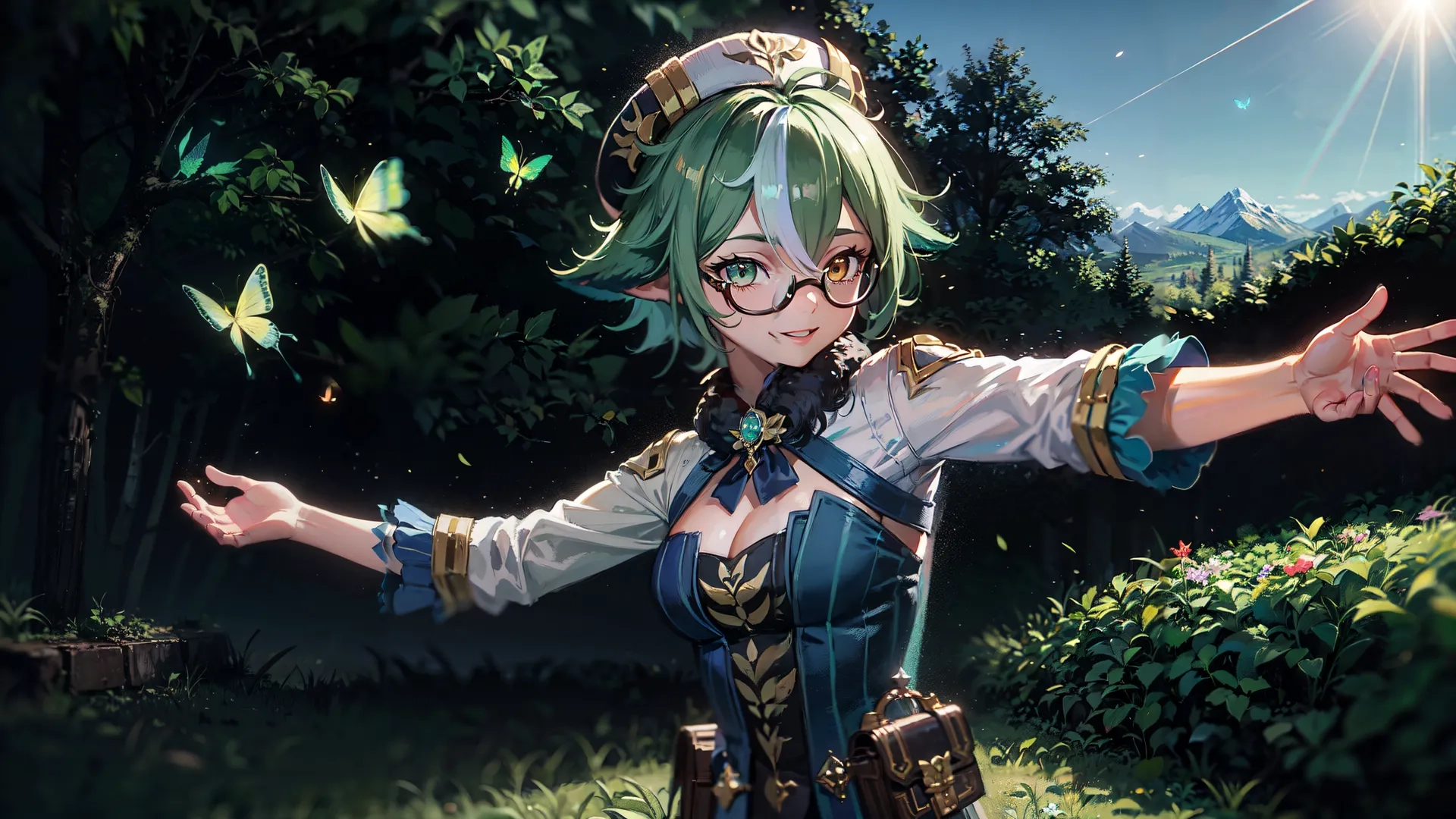 an anime character, dressed as elf girl with colorful hair and eyeglasses, posing in woods while catching butterflies on trees and grass
