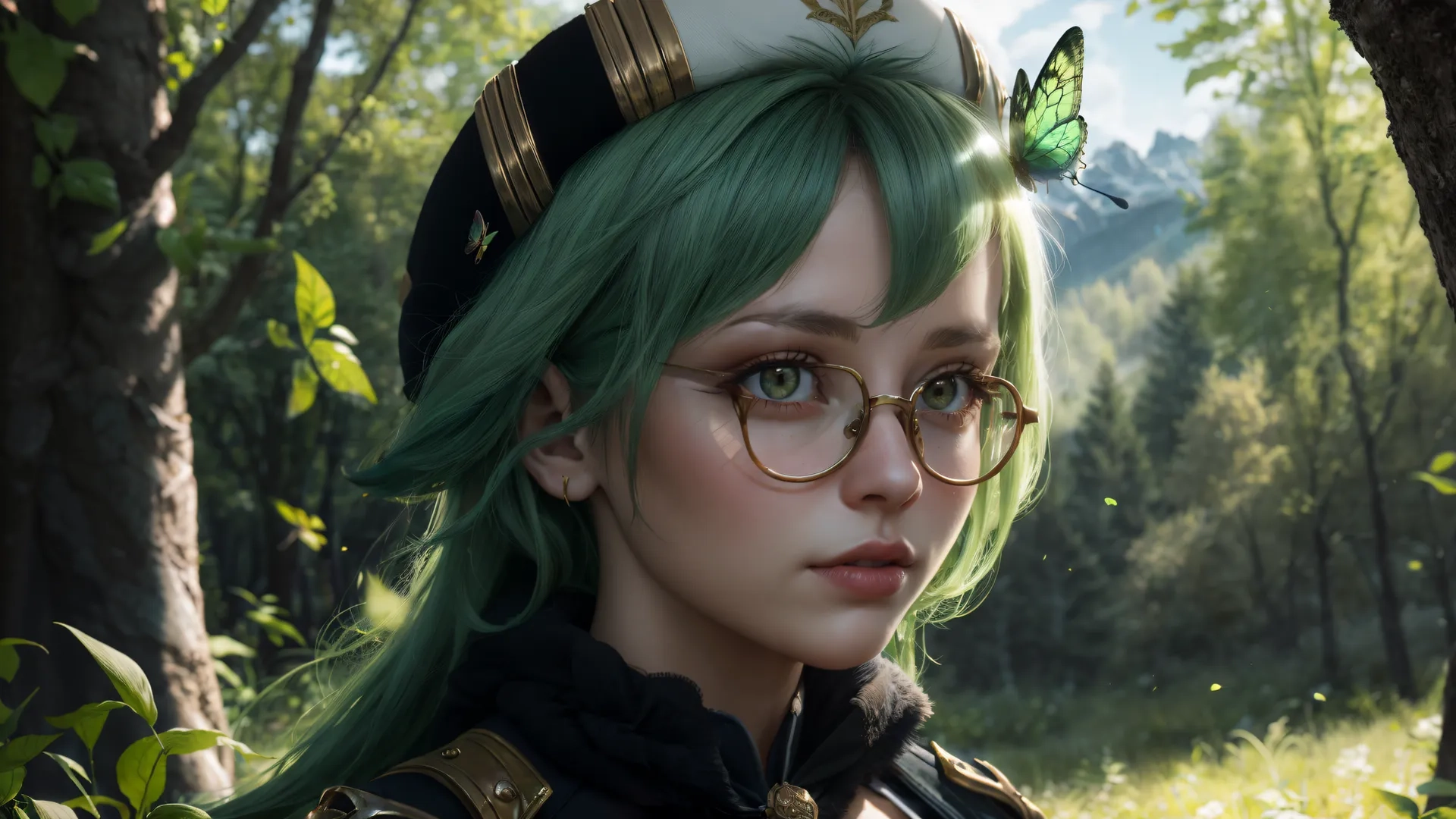 a woman with green hair and a gold hat with an owl costume on stands in front of some trees with butterflies flying around her hair
