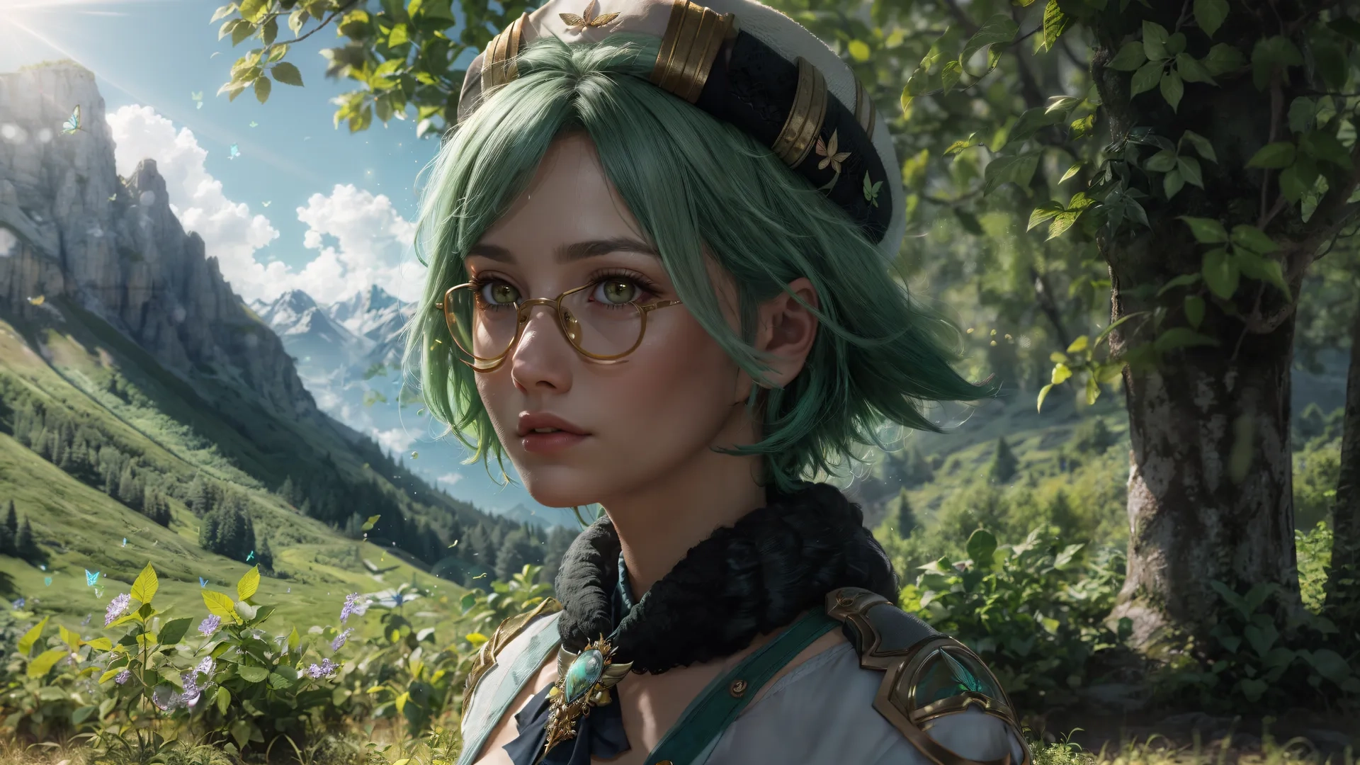 a young lady with green hair is posing for the camera in front of a mountain landscape with trees and grass, looking at the side view
