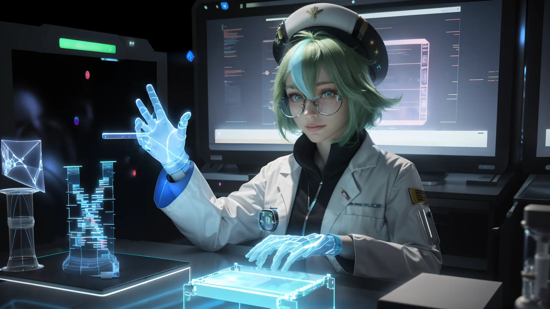 a female robot looking into a science laboratory table which has computer monitors, gloves and gloves showing the screen it is working on on it
