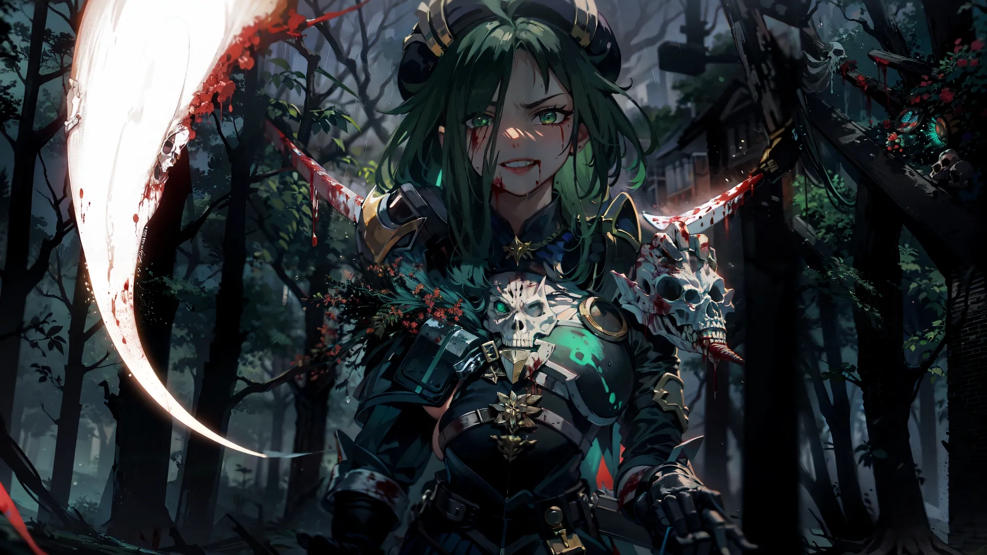 girl in cosplay armor standing with red leaves around her neck and glowing eyes behind her is a knife and a fire, an ax shaped dagger, with smoke ring in the woods and blood - like branches behind her
