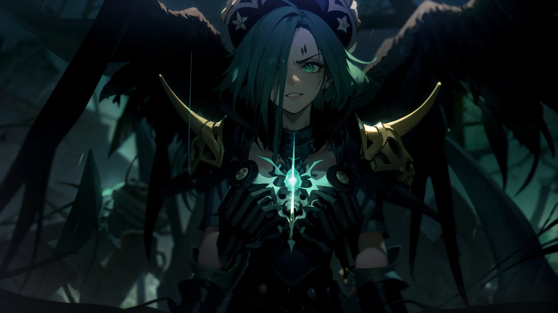 a girl with green hair and black eye makeup holding a glowing cross piece standing in the air by her neck wings and head pieces behind her
