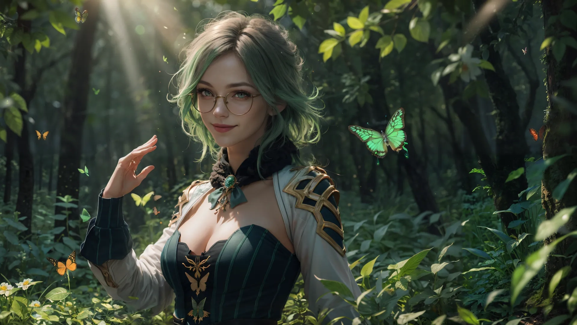 cosplay girl with green hair in the forest holding her arm out to the sunlit side of her face with butterflies in trees
