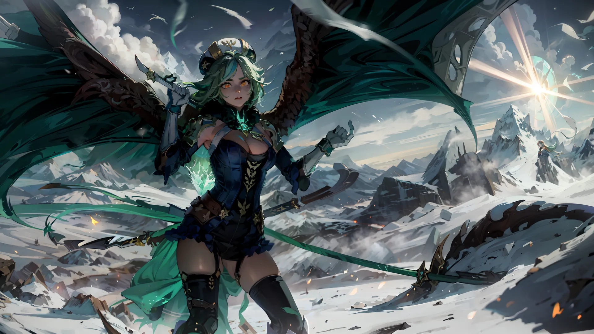 an icy mountain with a snow - covered, snow covered area and elves like characters standing on snow with wings in the air with bright green colors
