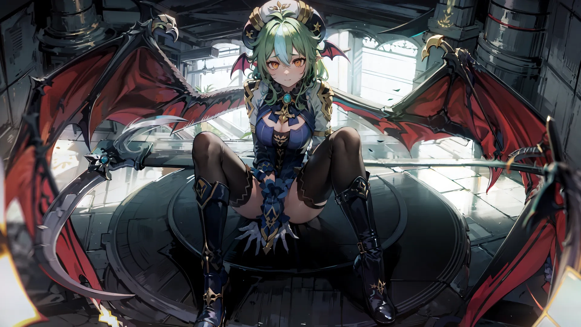 a beautiful girl with lots of artistic detail on her body and body sitting in a ball of air on top of something with wings and other parts behind her
