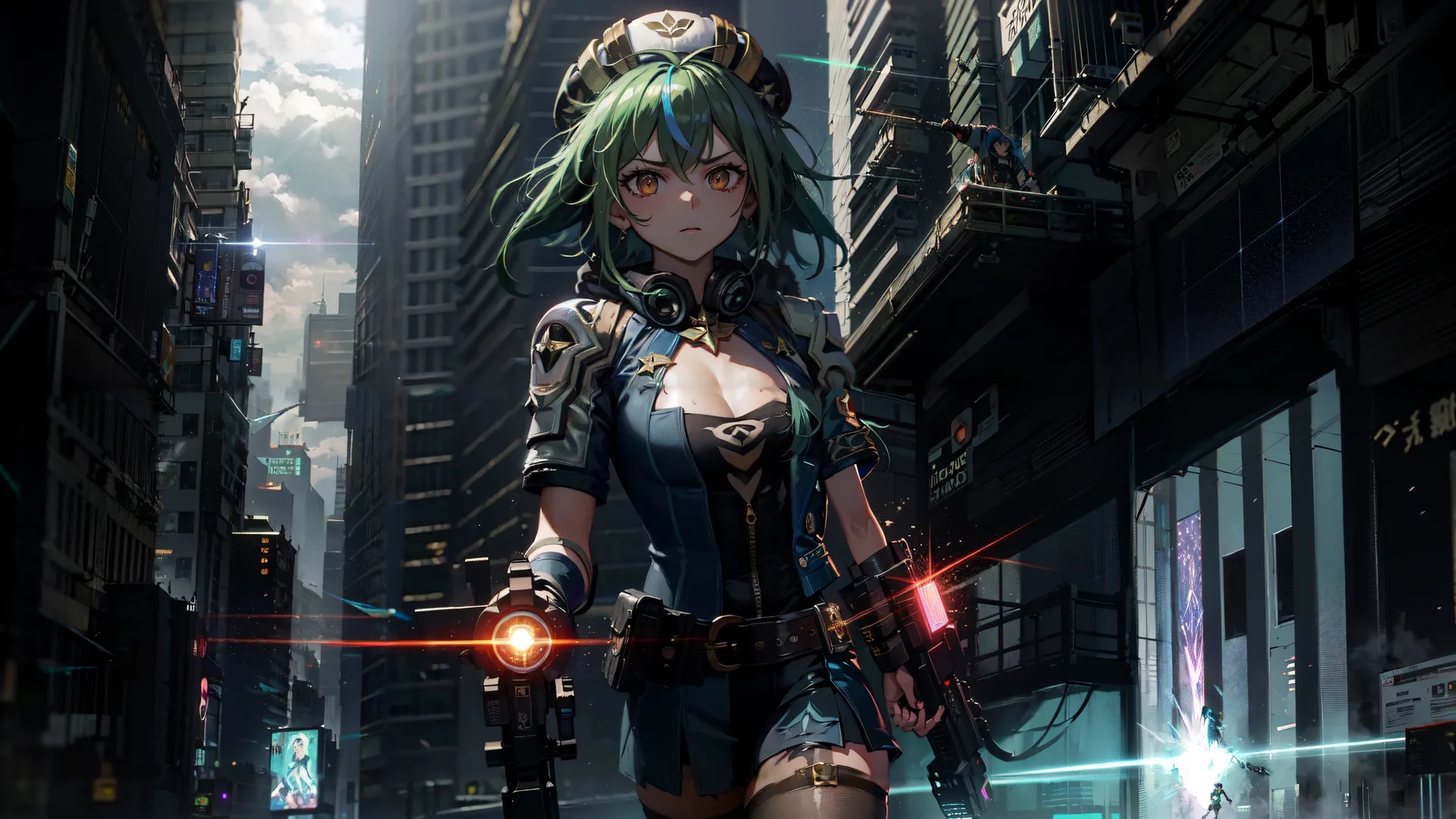 an anime character in a cyber style outfit and tight shorts standing alone on the street with their lights turned up and wearing a weapon and holding a bow
