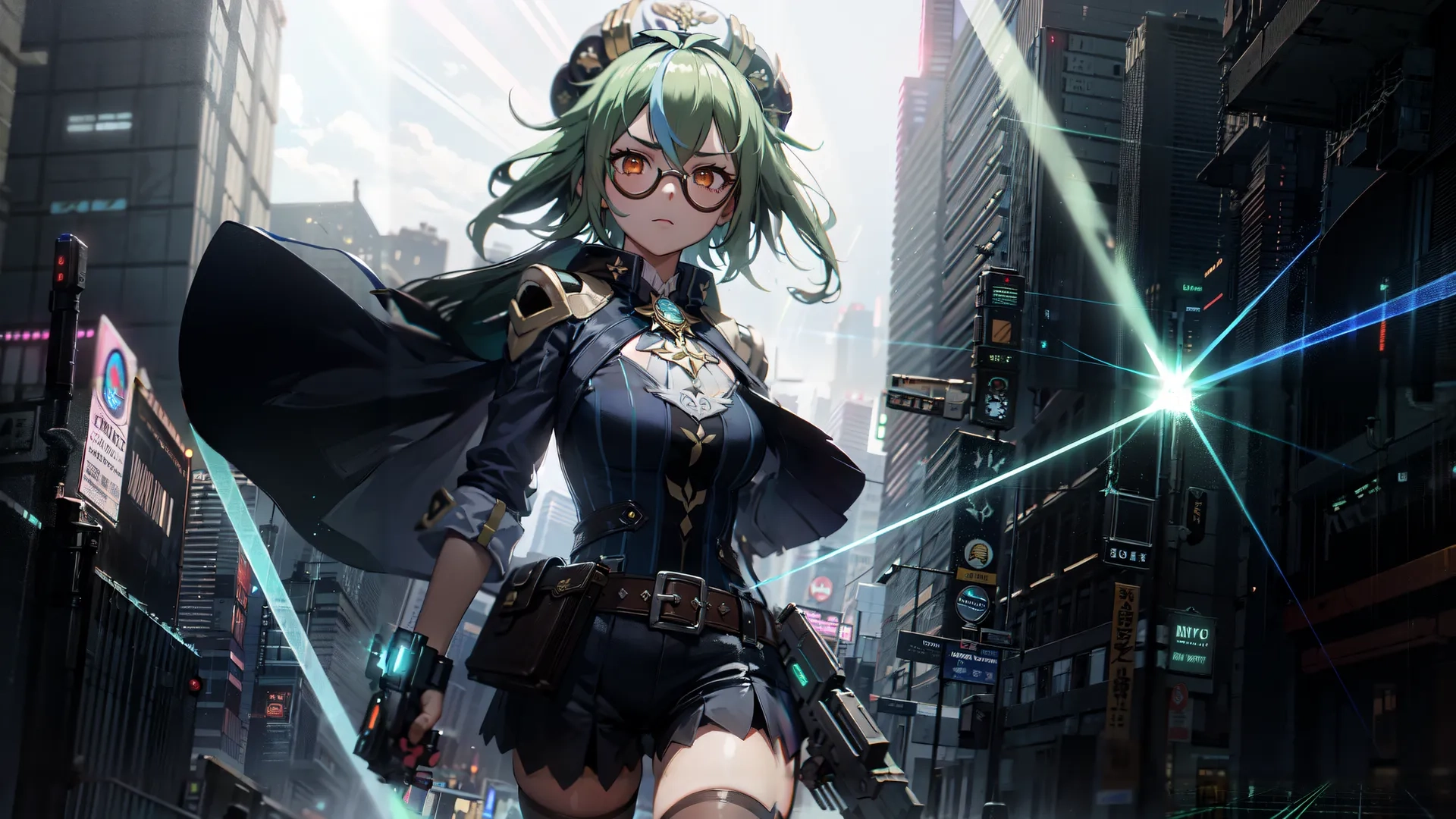 a cute blonde anime girl is standing in the streets wearing glasses on her head and holding a gun behind her back and arm in a city scene
