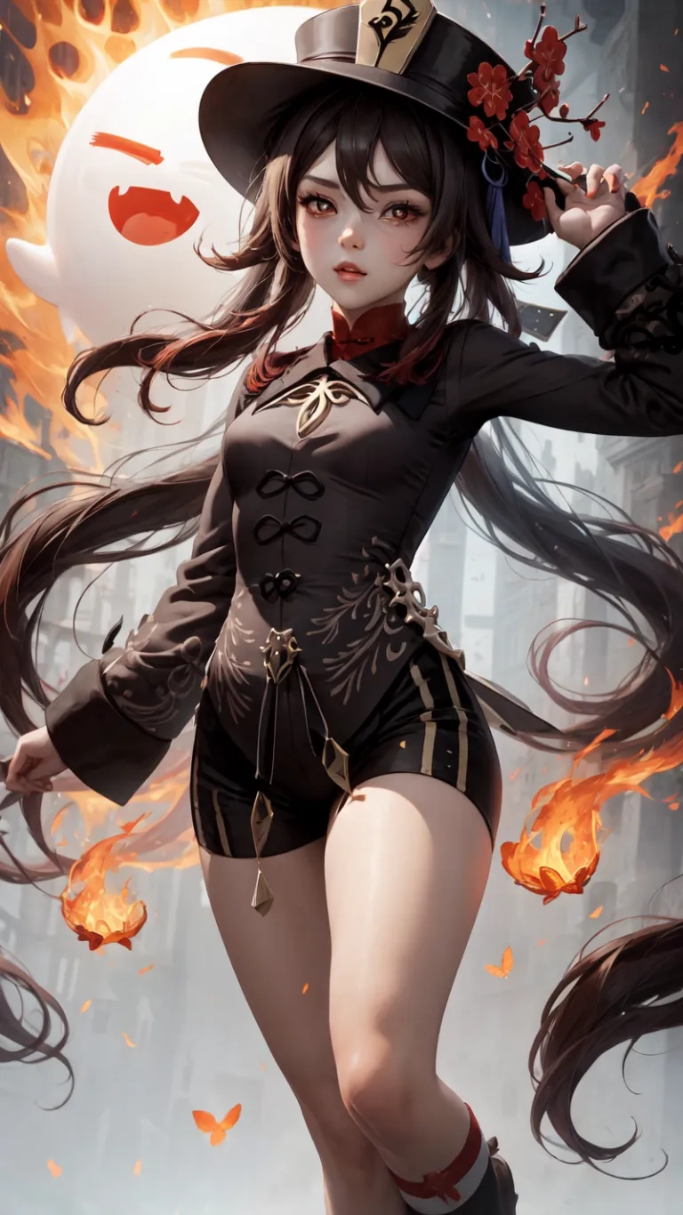 an asian girl in a witches uniform surrounded by flames holding a hat and burning clothes on fire and flowers in her hairs, she is dressed in black outfit
