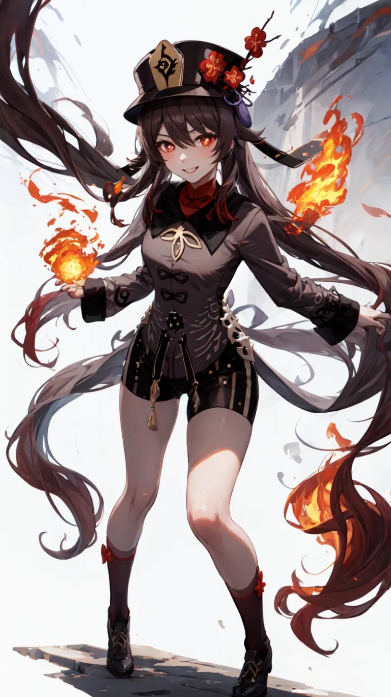 a woman with long hair wearing some type of costume holding up a cigarette and burning in it's mouth, with red fire surrounding her left hand
