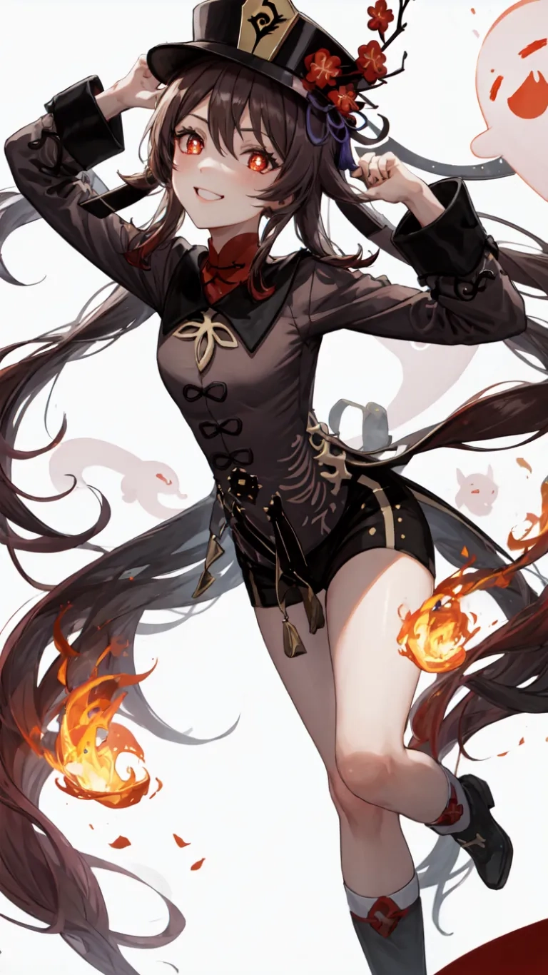 an anime woman with long black hair wearing pirate clothes and hat with fireballs on top of her head in fireball with flames around her back
