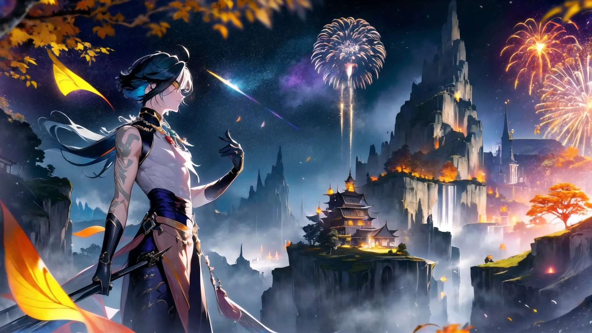 a futuristic fantasy woman, holding her sword, is standing in front of a castle in the night, in front of a fireworks - sky that shines
