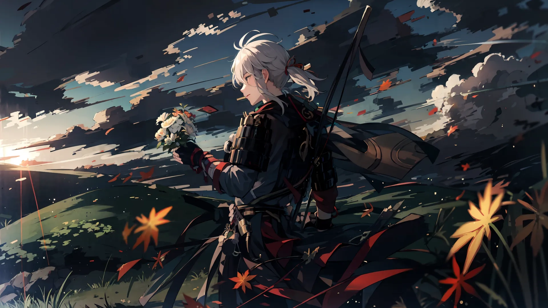 anime character with bow and arrows walking towards setting sun over field of flowers with arrow sticks and flowers in hand looking out to the left
