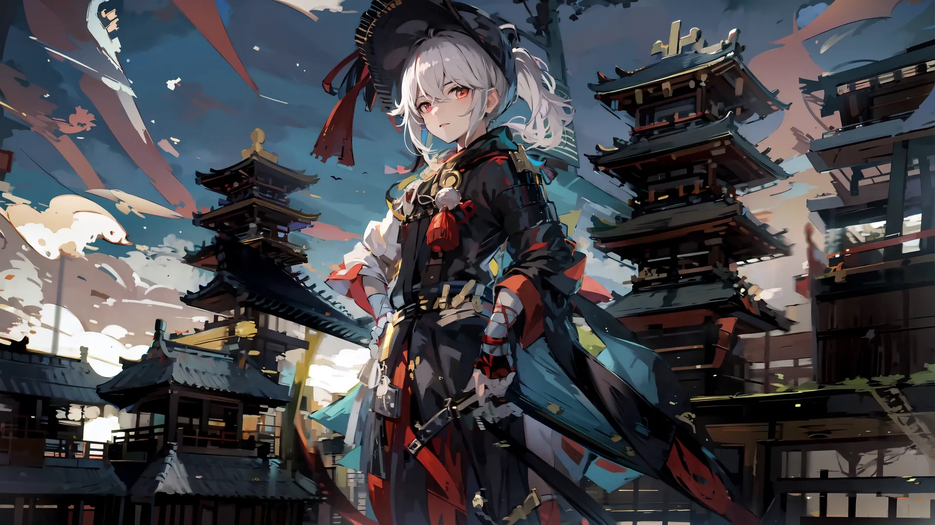 an anime dressed to look like a girl walking in the rain at night in a dark and full - color image with buildings, clouds and night - sky

