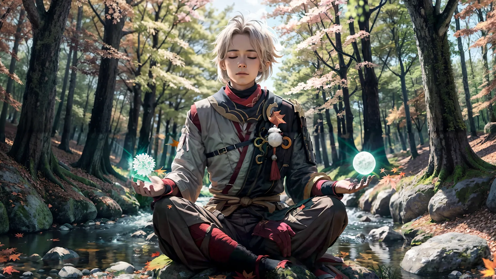 a young person sits on rocks with her eyes closed and a green bubble in their hand meditates near a stream and fall foliage
