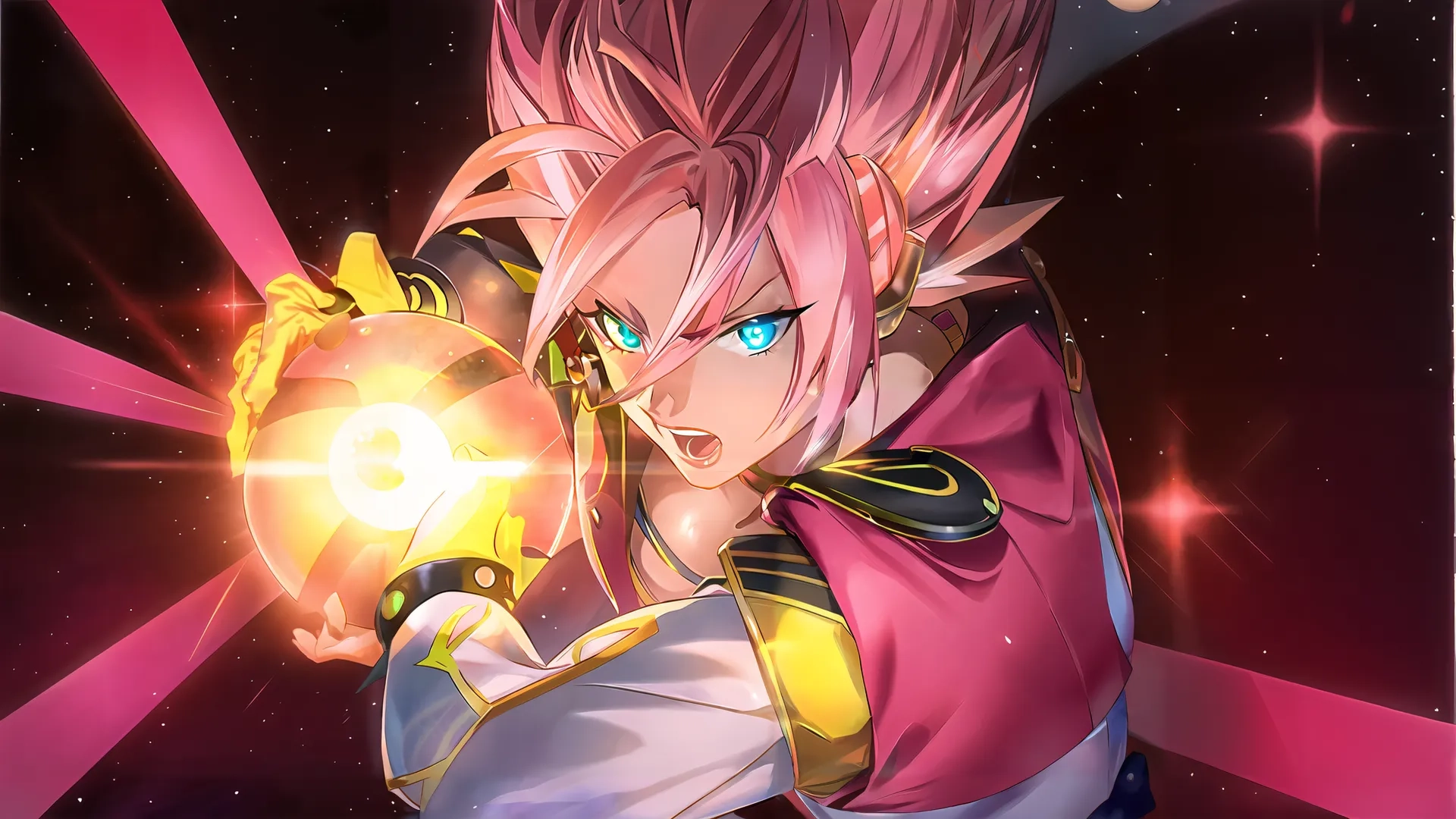 the image shows an illustration of a woman with pink hair holding a light in hand and surrounded by stars and colorful lights around her neck
