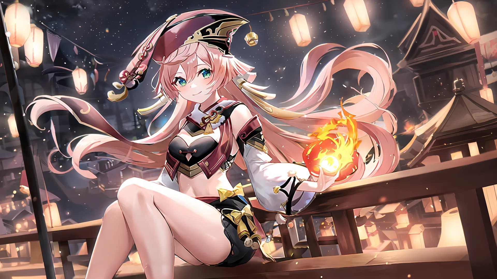 a anime woman sitting on a wall holding two small lights down and an orange fire with a hat on her head as if firework
