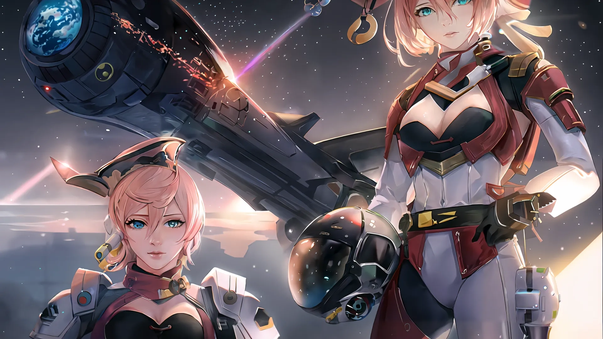 this is a couple of anime girls with guns on their shoulders posing for a photo together in space with stars overhead and earth behind them
