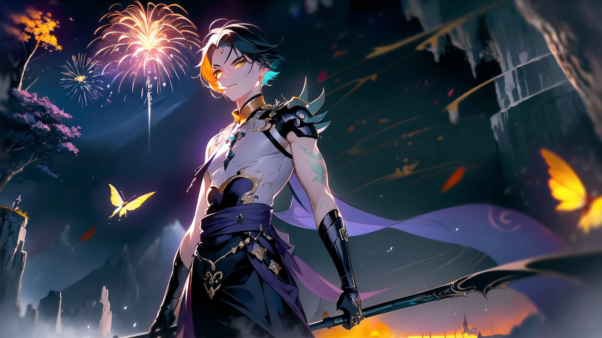 an image of man with sword and firework in the background and a sky above him has firework on his arm and purple sartriance around the body
