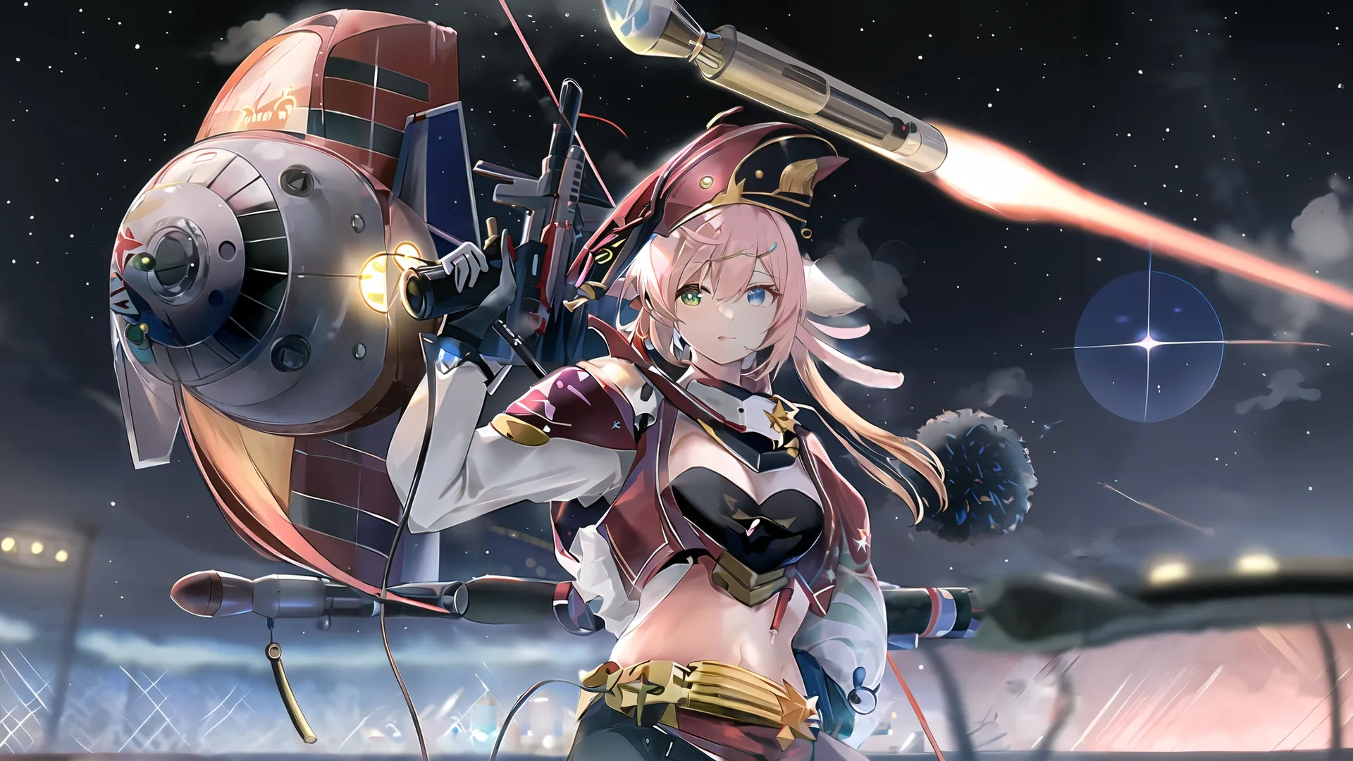 a woman with anime style weapon on her shoulder walking in water with small lights shining through the sky overhead and the stars of a plane
