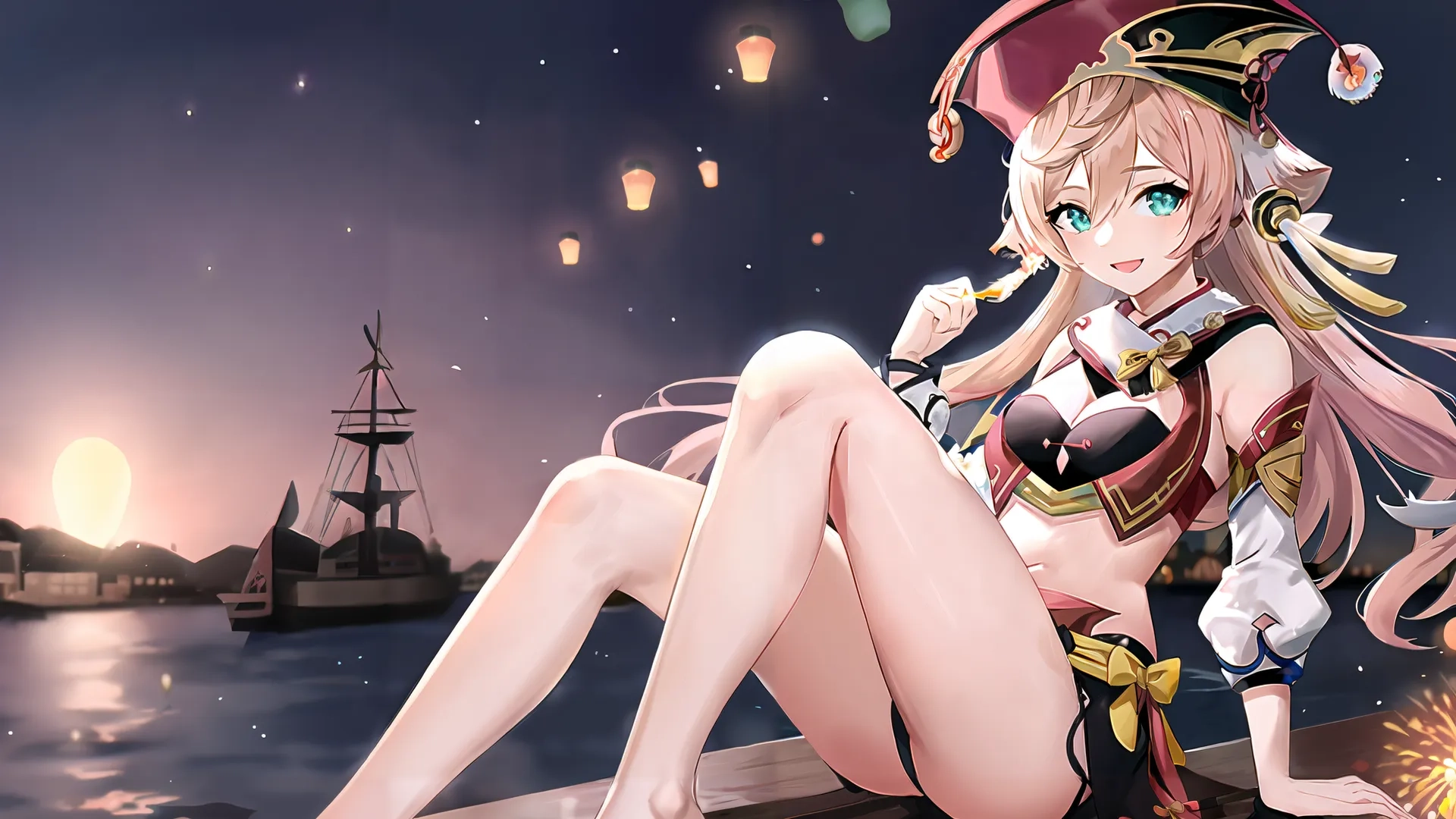 a girl in anime uniform sitting on the edge of a boat at night with water nearby and city lights above her and buildings on horizon behind
