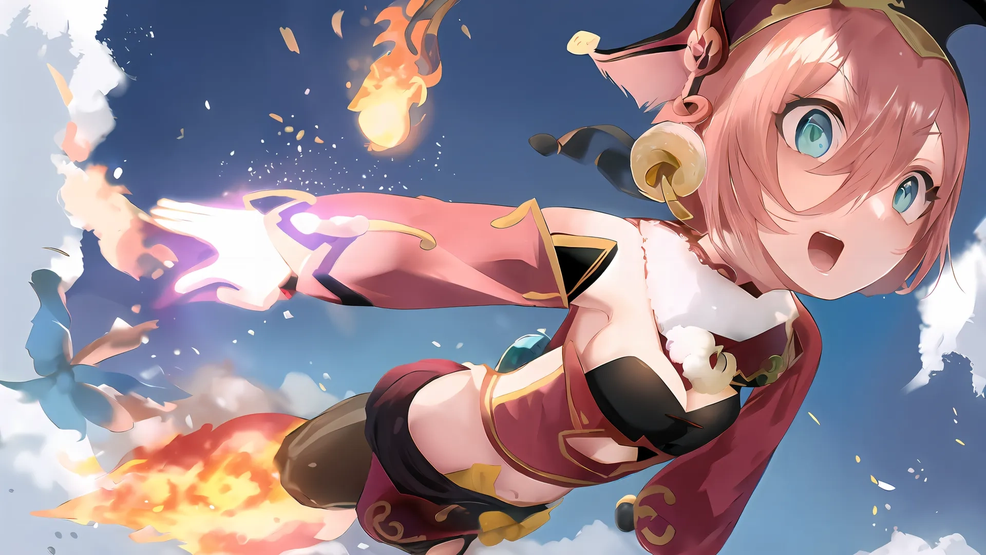 an anime girl flying through the air with fire coming from her arms and eyes on her chest, and holding out her arms with something
