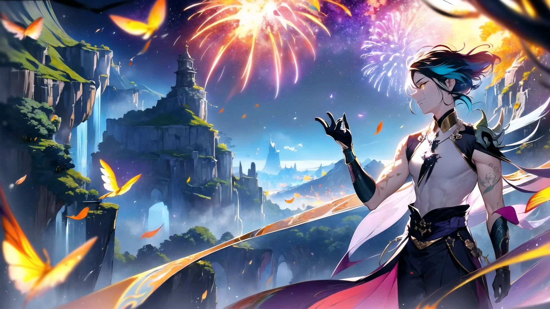a man that is standing in the grass with a sword by itself and firework in the background and a castle in a tree surrounded by leaves
