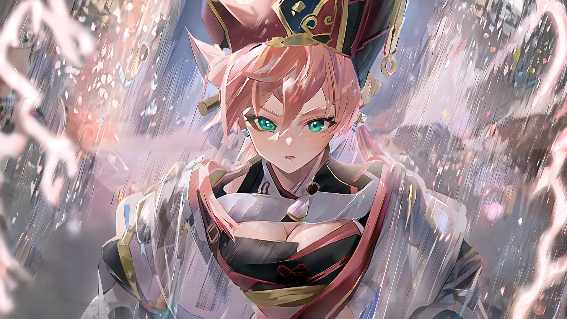 anime character standing in the rain under rainy umbrellas with storm coming off to her face for a photo look - like effect, from a real portrait
