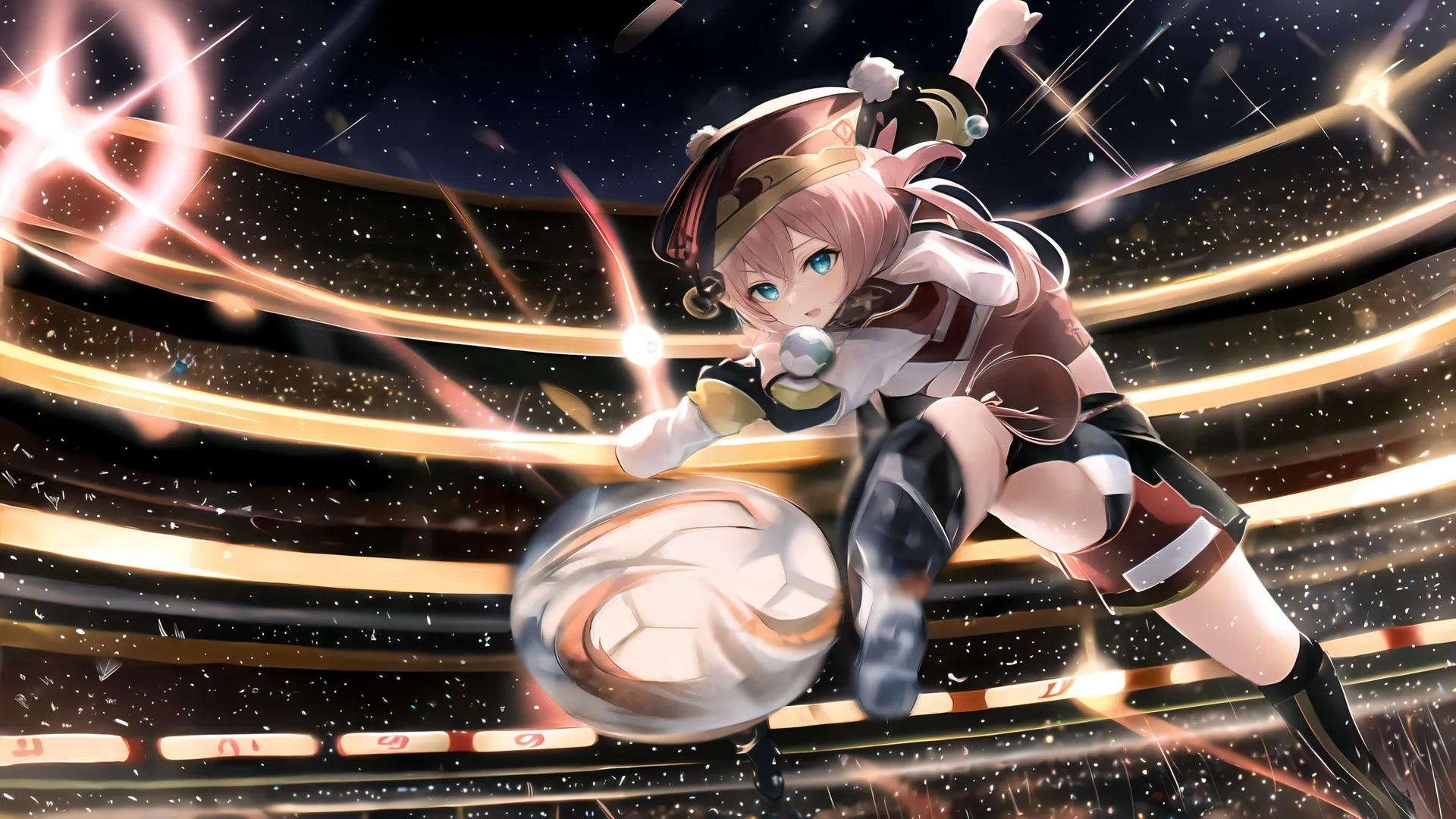 a beautiful young woman kicking a white soccer ball while in an arena on some seats with lights on a clear night sky behind her, with light
