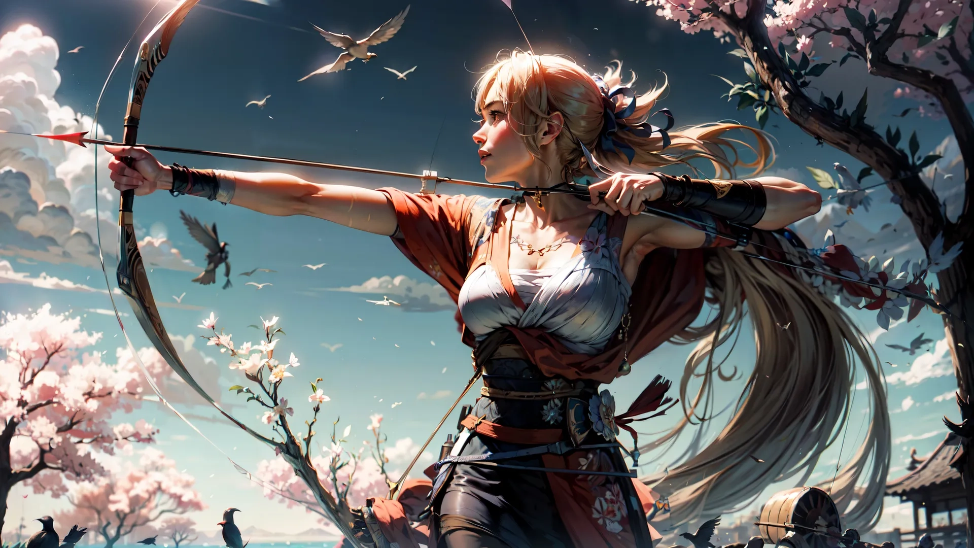 woman wearing clothes and holding a long bow with trees in the background and a sky with birds flying above her and a body of water and buildings beyond it
