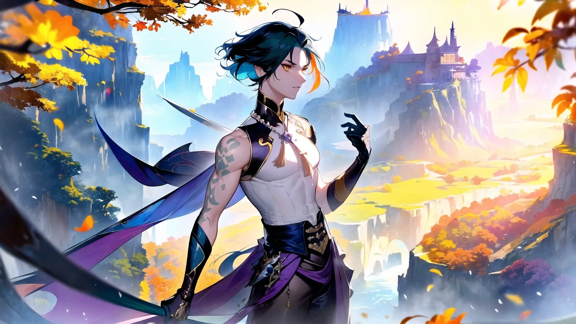 young lady with full arms out walking on a field near a castle in a sunny sky, holding a black bird with purple feathers and blue hair
