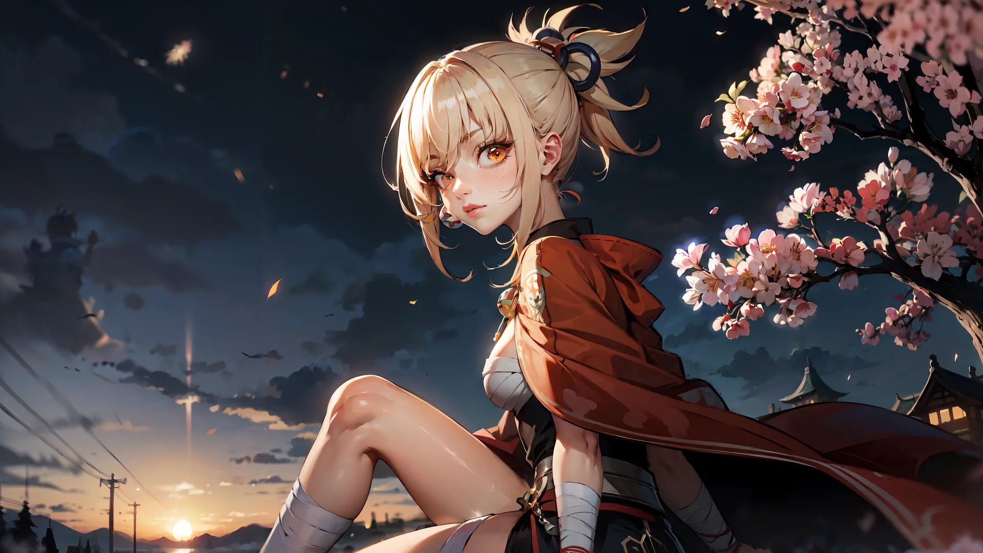 the anime wallpaper is showing a girl sitting on the ground near flowers and trees wearing a dress and boots and stockings to make her outfit feel pretty
