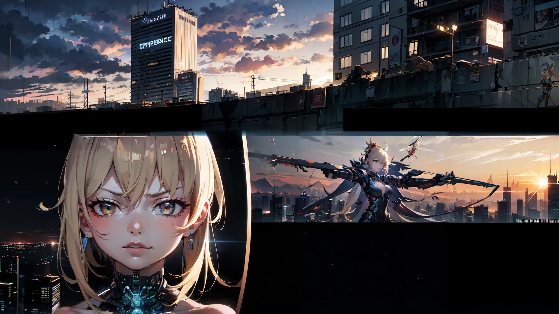 an anime girl holding some kind of object standing outside at night in front of cityscape and skyscrapers along with her camera, overlooking over the horizon
