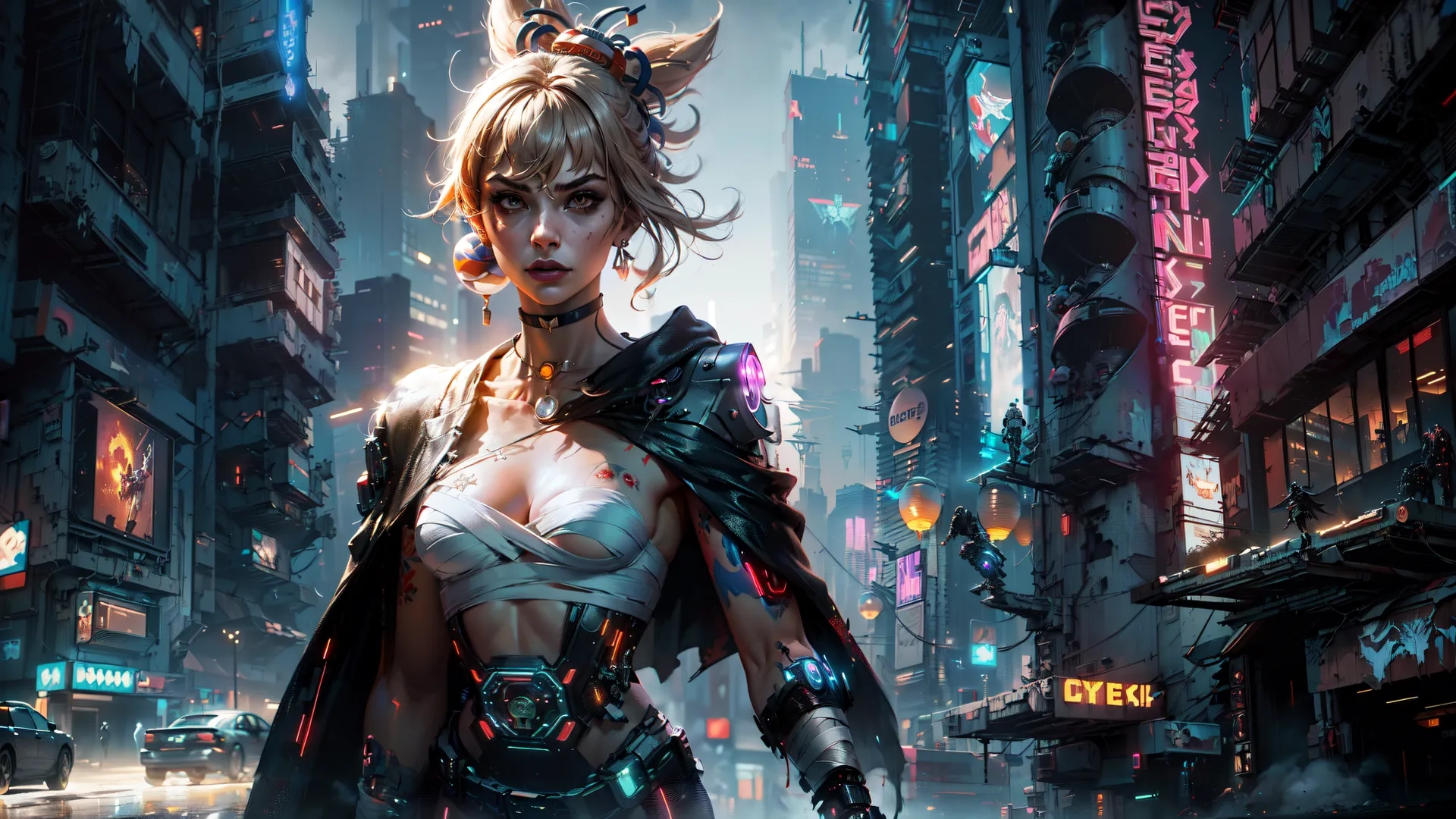 a lady holding a sci - fiorer and wearing armor, posing for a picture on a city street at night with neon lights and the buildings
