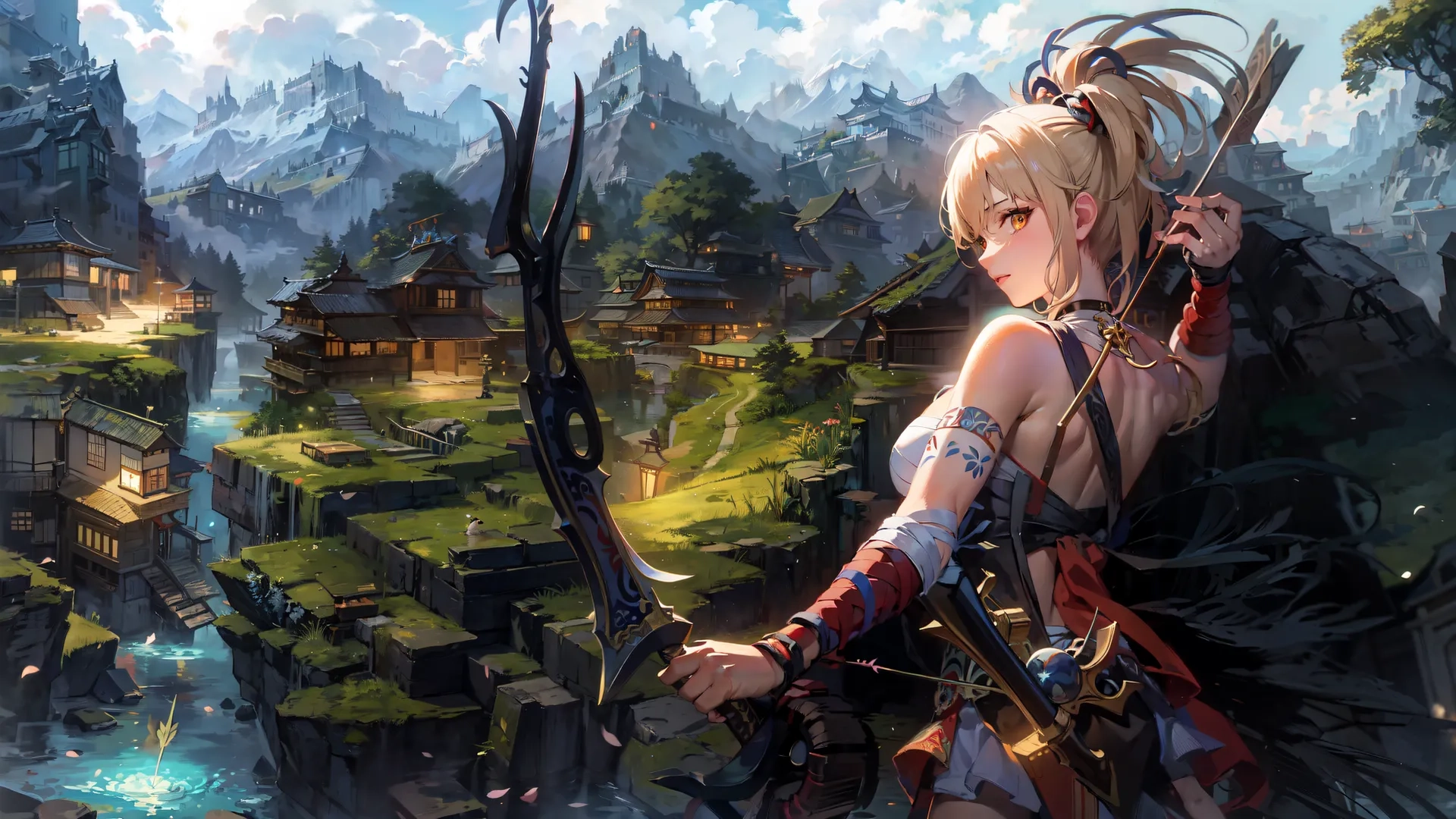 a very nice anime girl, with sword in the middle of her back, from a distance showing a town and a riverbank, in the background
