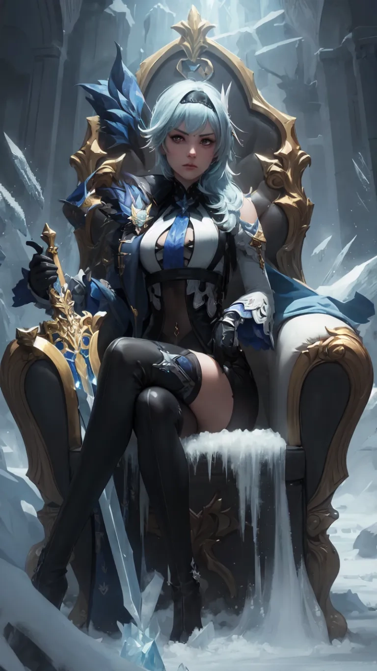 a girl that is sitting on a big chair in a castle with a sword and an eagle on top in her hand and some ice
