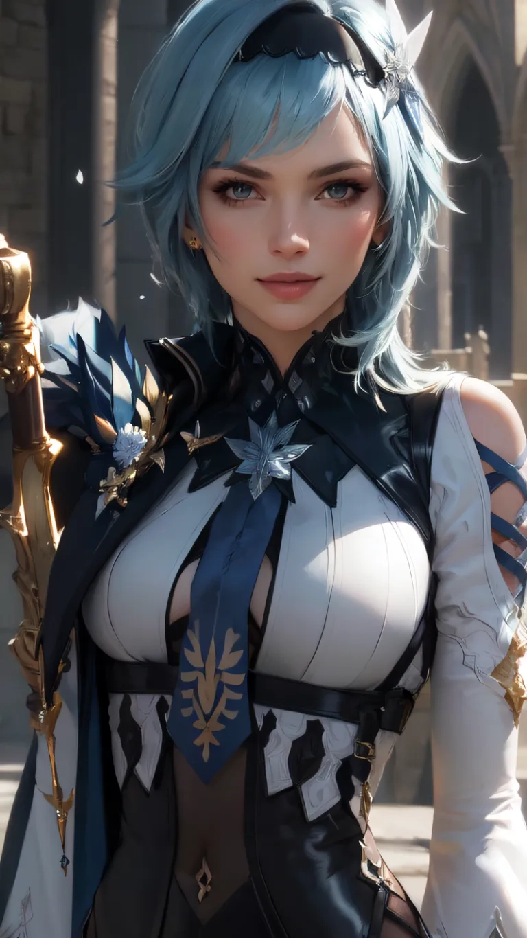 an over - sized lady with blue hair and armour and weapons standing in front of a building and holding on to the staffs of an ornamental metal pole
