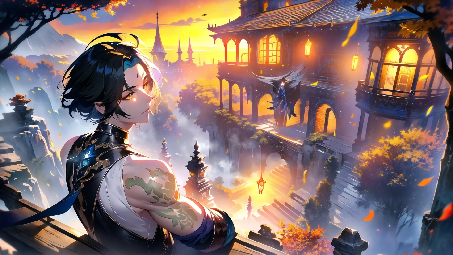 a anime woman is standing on a wall overlooking the city at night and holding her right arm out to her right eye as it's sunset flares behind
