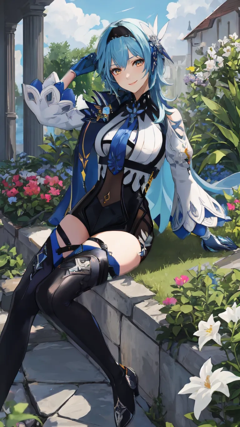 anime girl sitting on a wall with her legs up next to a plant potted by plants / garden flowers / flowers of blue hair / long blonde, black dress, blue

